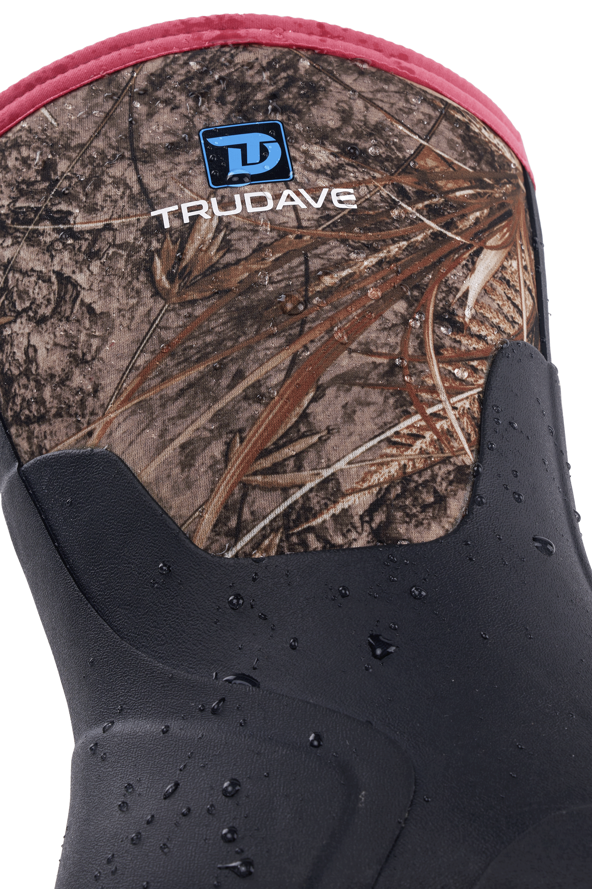 Close-up side view of Trudave MudTrek Series mid-calf waterproof rubber rain boots – pink camo design showing Trudave logo and waterproof rubber texture for outdoor durability